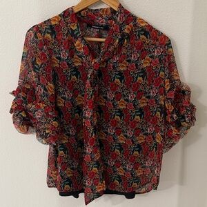 Sugarlips Black Floral Tie-Neck Blouse with Red and Yellow Blooms